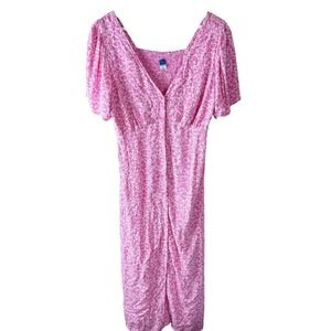 Old Navy Pink Floral‎ Midi Dress Womens L Square Neck Puff Sleeve Cottagecore